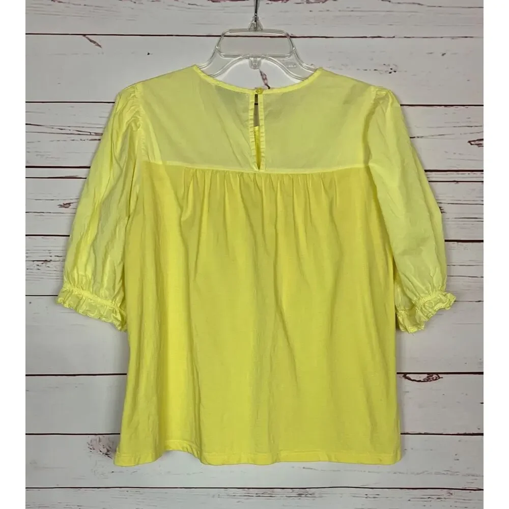 J. Crew Women's M Medium Yellow Lace Puff Short Sleeve Preppy Cotton Top Blouse